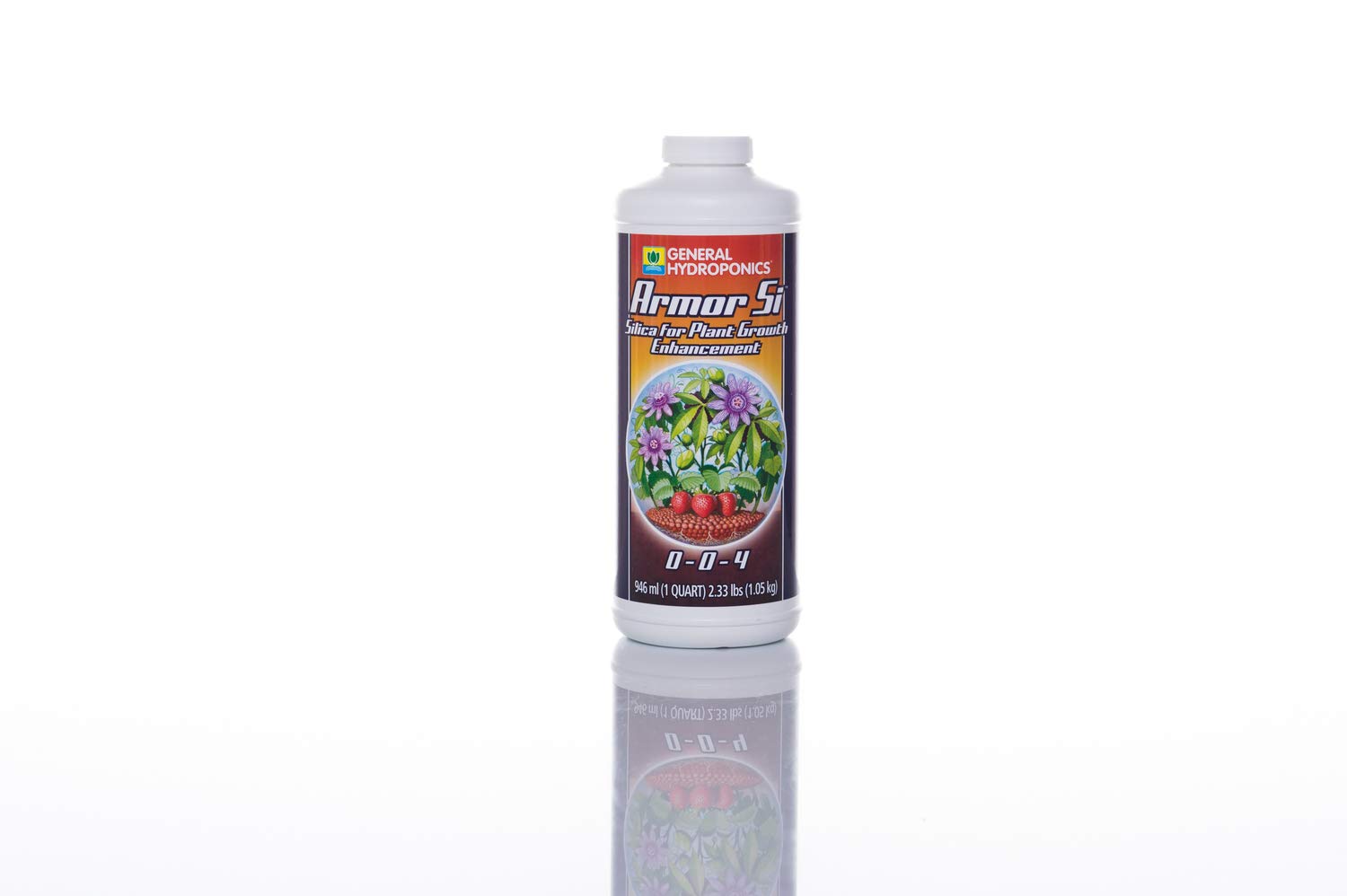 General Hydroponics Armor Si 32-ounce bottle pouring for growth enhancement and foliar development.