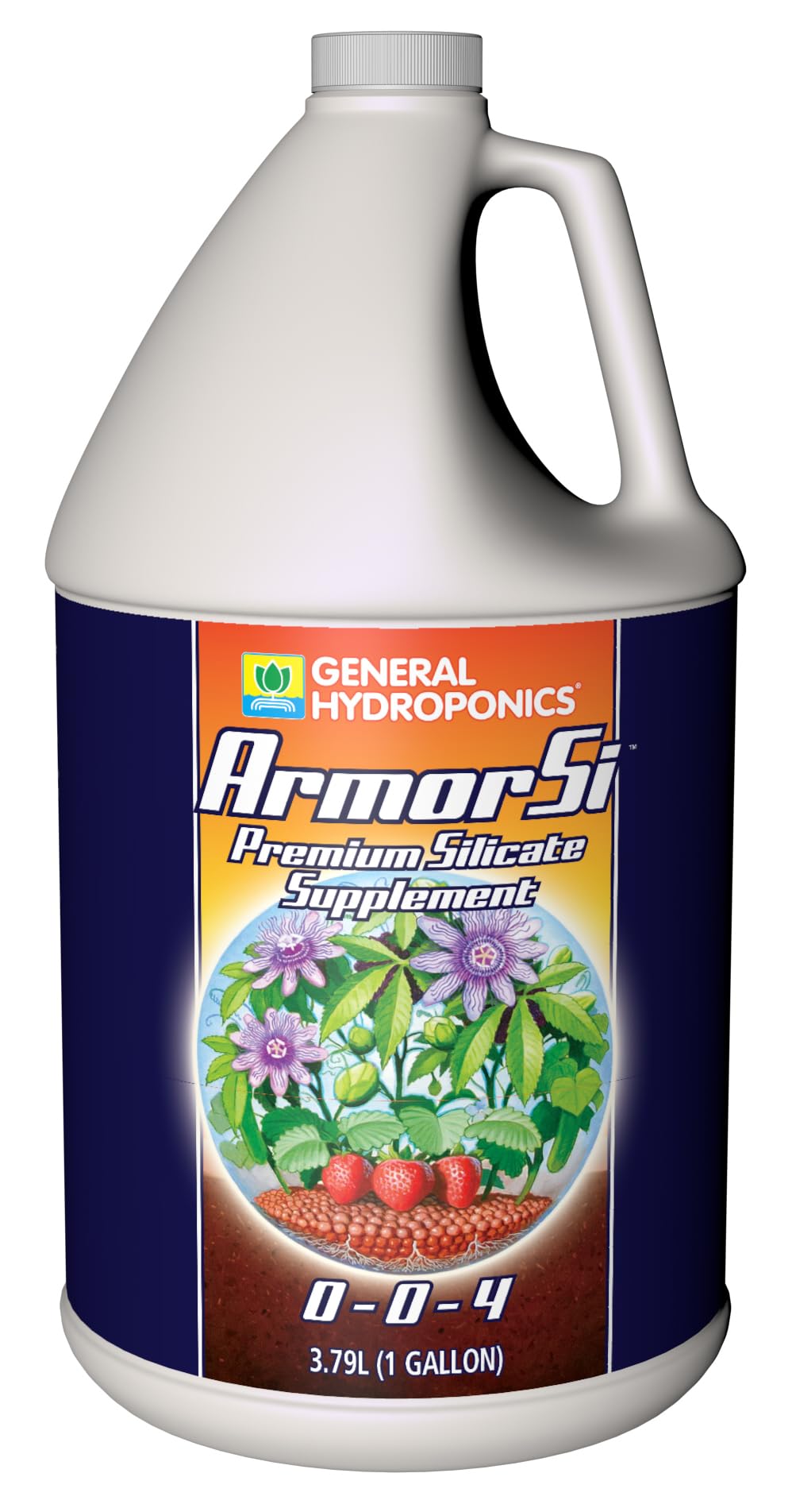 General Hydroponics Armor Si gallon bottle pour supports strong plant structure and stress resilience.