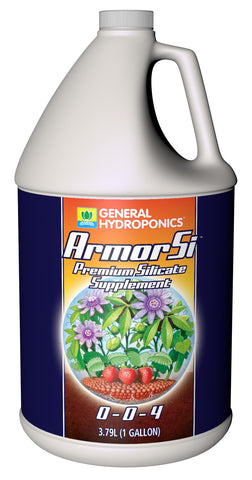 General Hydroponics Armor Si gallon bottle pour supports strong plant structure and stress resilience.