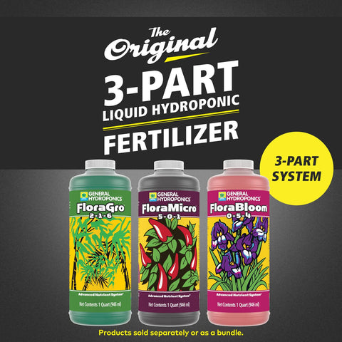 General Hydroponics FloraBloom bottle highlighting bloom nutrients for flowering and fruiting.