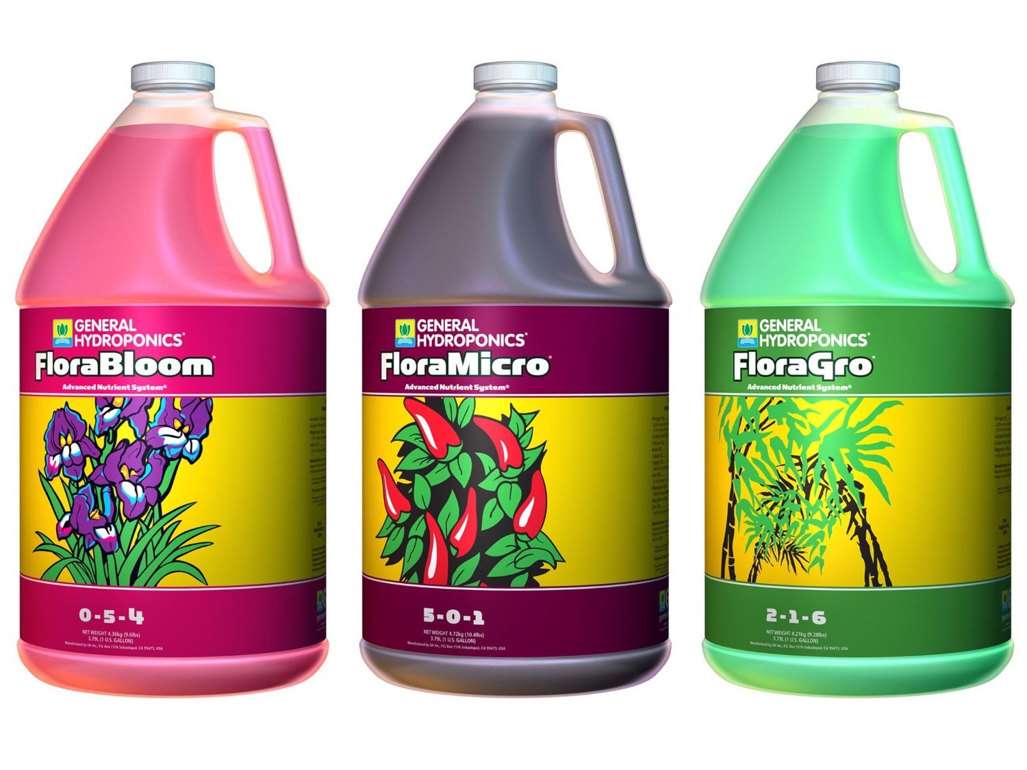 General Hydroponics Flora Grow Bloom Micro trio bottles support strong growth and vibrant blooms.