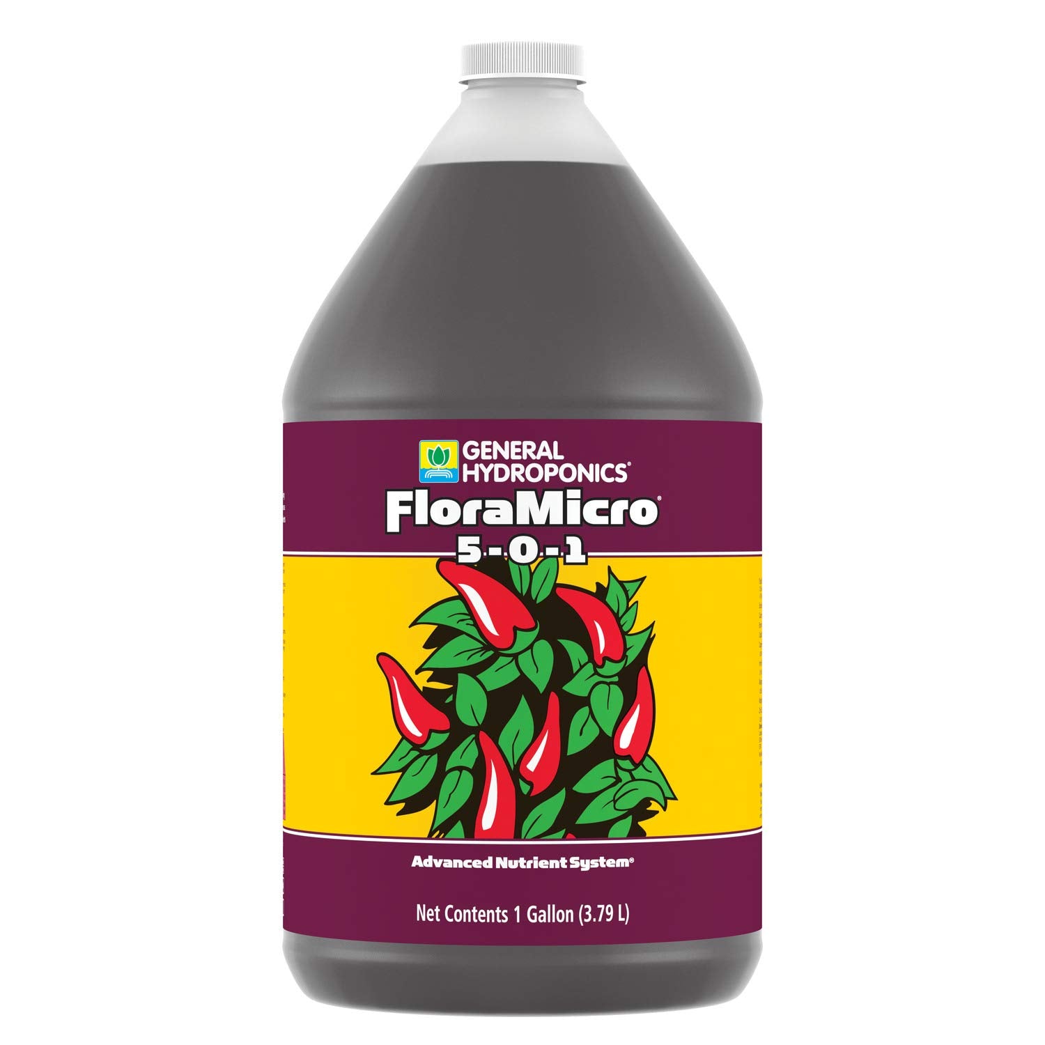 General Hydroponics Flora Micro 5-0-1 bottle front view for hydroponic nutrient base.