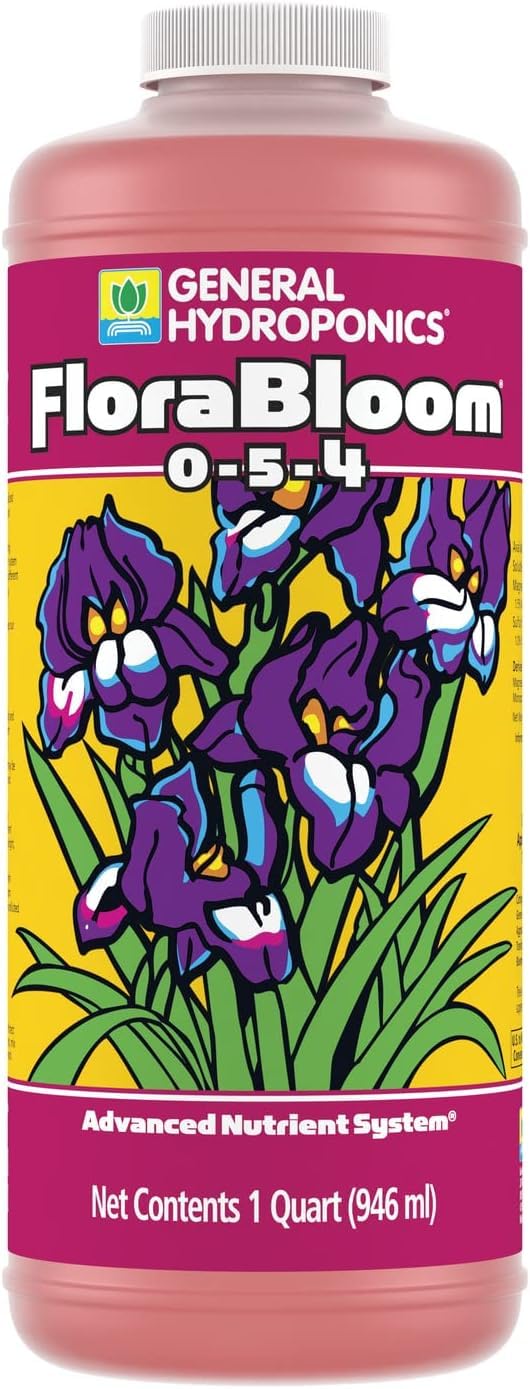 General Hydroponics FloraBloom 0-5-4 bottle close-up showing flowering nutrient benefits