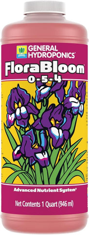 General Hydroponics FloraBloom 0-5-4 bottle close-up showing flowering nutrient benefits