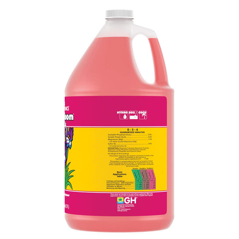 General Hydroponics FloraBloom label close-up shows phosphorus and potassium for vibrant growth