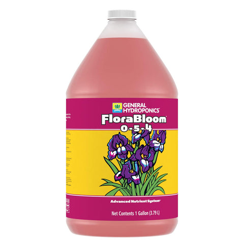 General Hydroponics FloraBloom bottle with measuring cup emphasizes precise dosing for consistent results