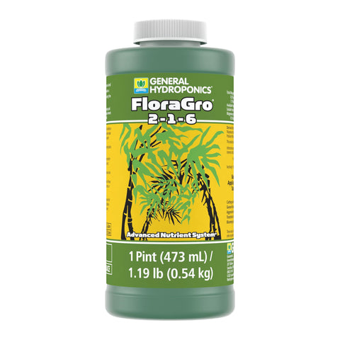 General Hydroponics FloraGro bottle showing growth-focused formula