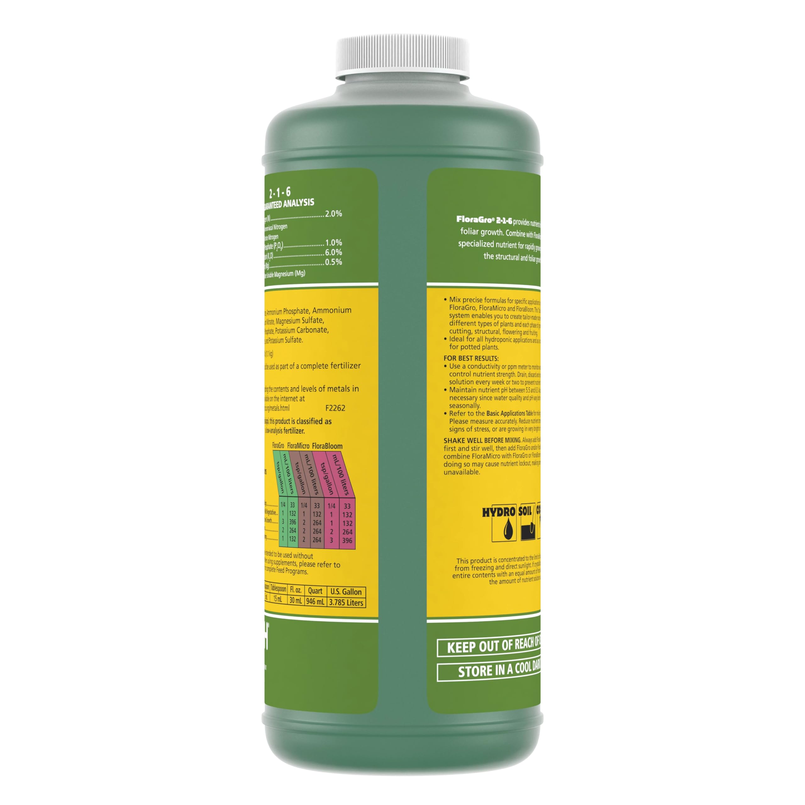 Close-up of Floragro 2-1-6 label to verify correct nutrient balance for growth.