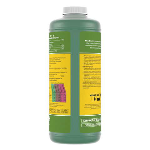 Close-up of Floragro 2-1-6 label to verify correct nutrient balance for growth.