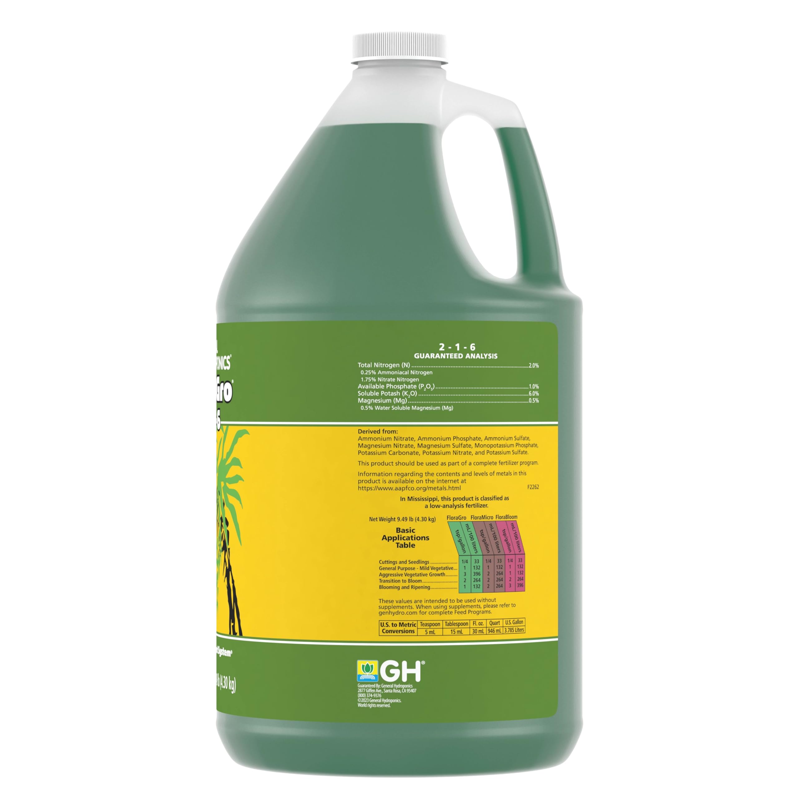General Hydroponics FloraGro label showing ingredients for tailored feeding.
