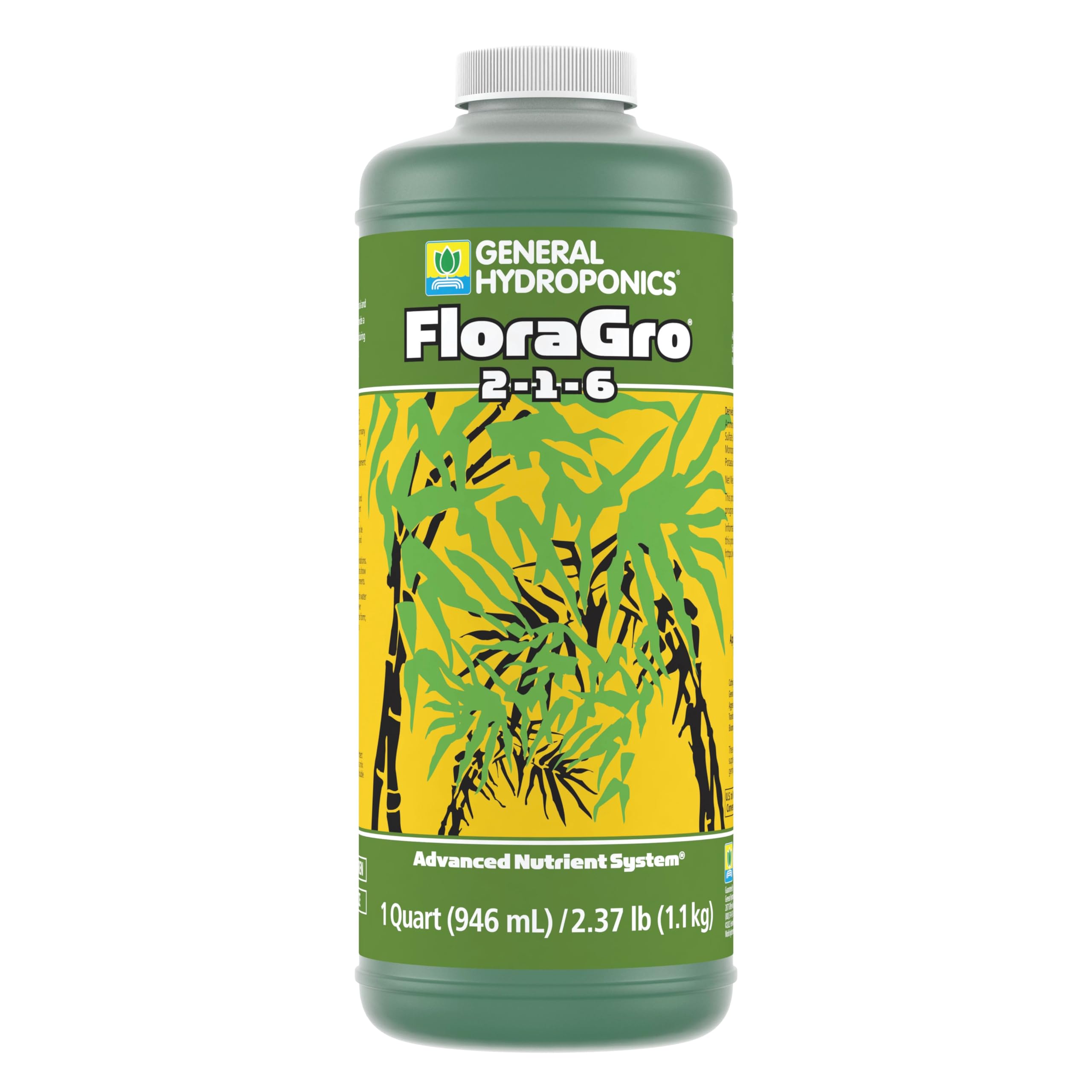 General Hydroponics Floragro 2-1-6 nutrient bottle supports structural growth for healthy plants.