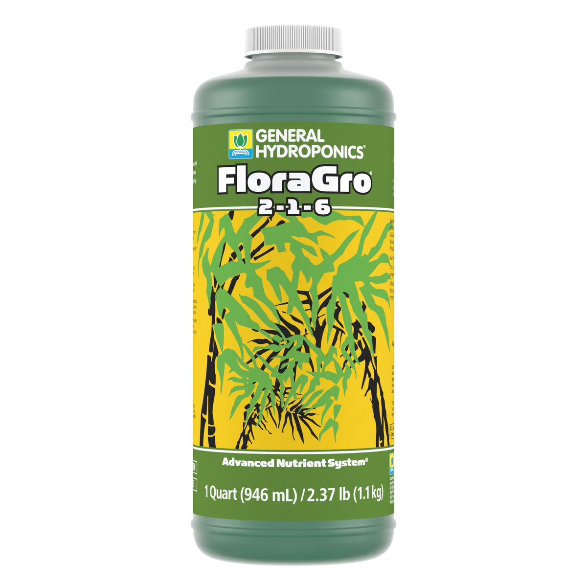 General Hydroponics Floragro 2-1-6 nutrient bottle supports structural growth for healthy plants.