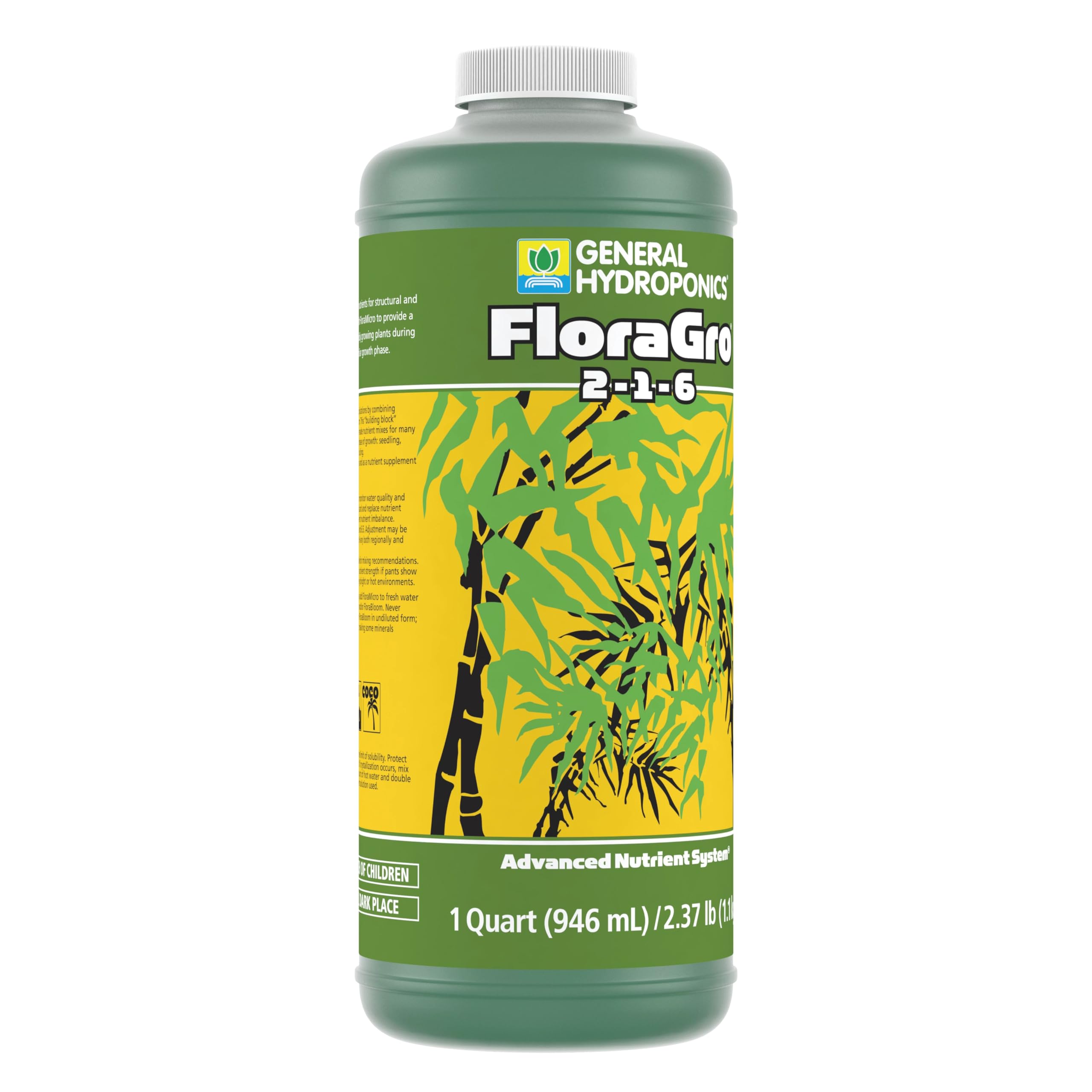 Nutrient reservoir setup featuring Floragro 2-1-6 alongside FloraMicro and FloraBloom.