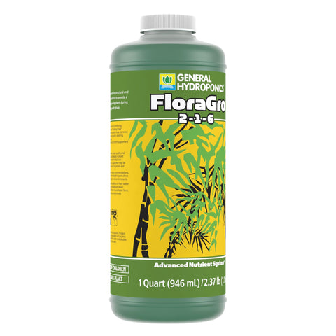 Nutrient reservoir setup featuring Floragro 2-1-6 alongside FloraMicro and FloraBloom.
