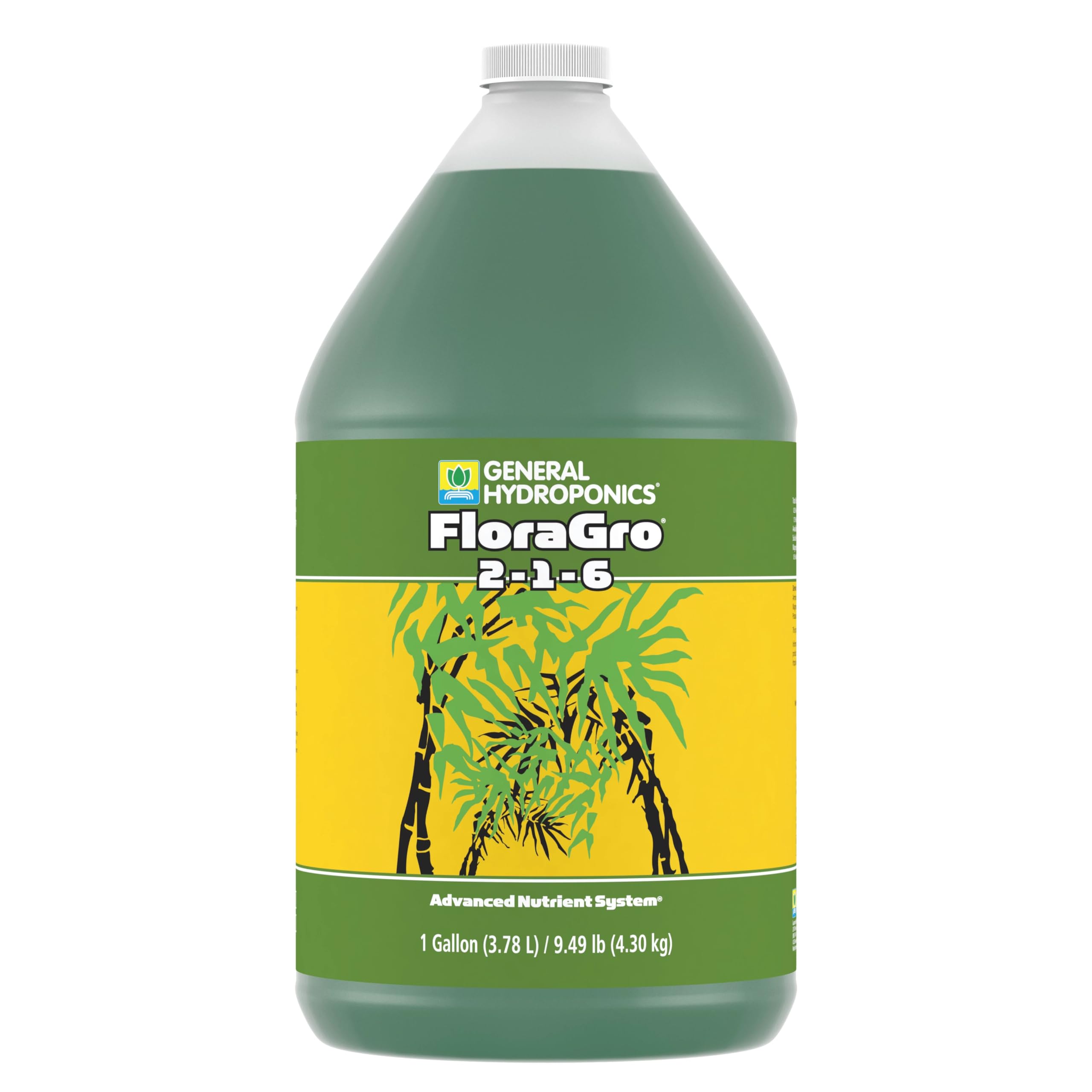 General Hydroponics FloraGro bottle supports structural growth in hydroponics.