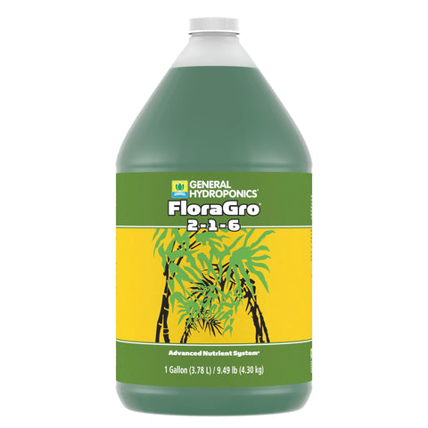 General Hydroponics FloraGro bottle supports structural growth in hydroponics.