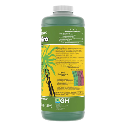 Floragro 2-1-6 applied to roots and foliage in a hydroponic system for growth.