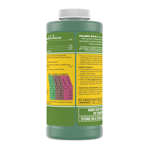 Close-up of FloraGro label on bottle for nutrient reliability