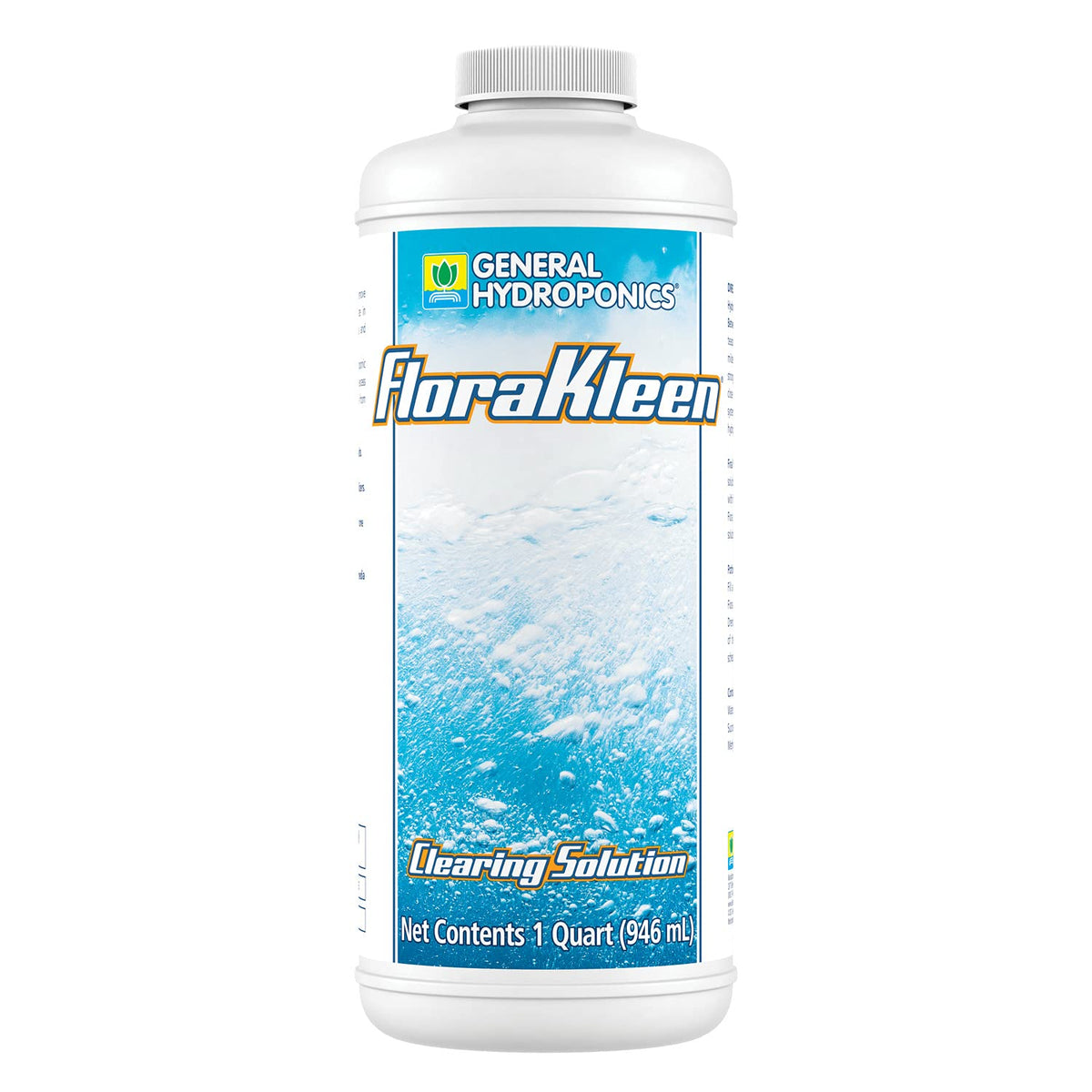 General Hydroponics FloraKleen QT bottle closeup showing the salt clearing solution for hydroponics.