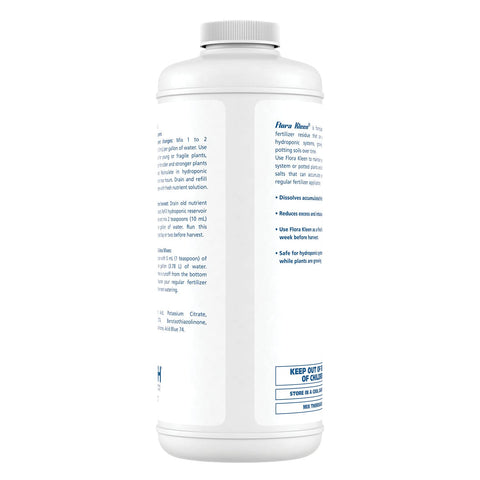FloraKleen QT label closeup highlighting monthly salt clearing benefits for systems.