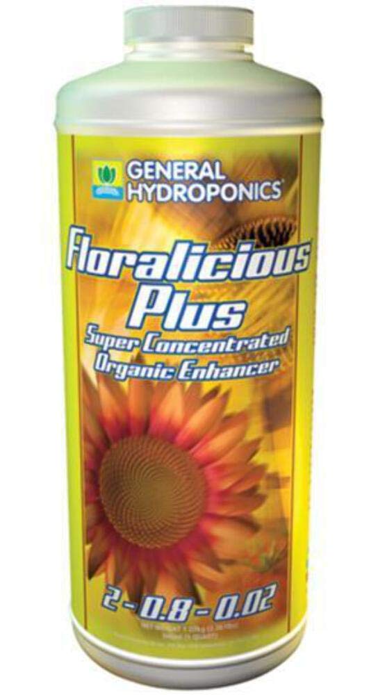 General Hydroponics Floralicious Plus bottle pour supports robust vegetative growth and flowering readiness.
