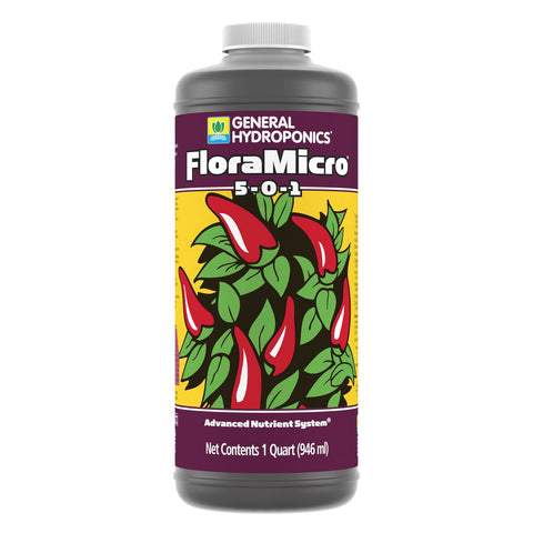 General Hydroponics FloraMicro 1qt bottle ready for precise nutrient balancing in hydroponics.