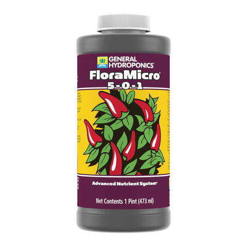 General Hydroponics FloraMicro 5-0-1 bottle pouring nutrients for growth