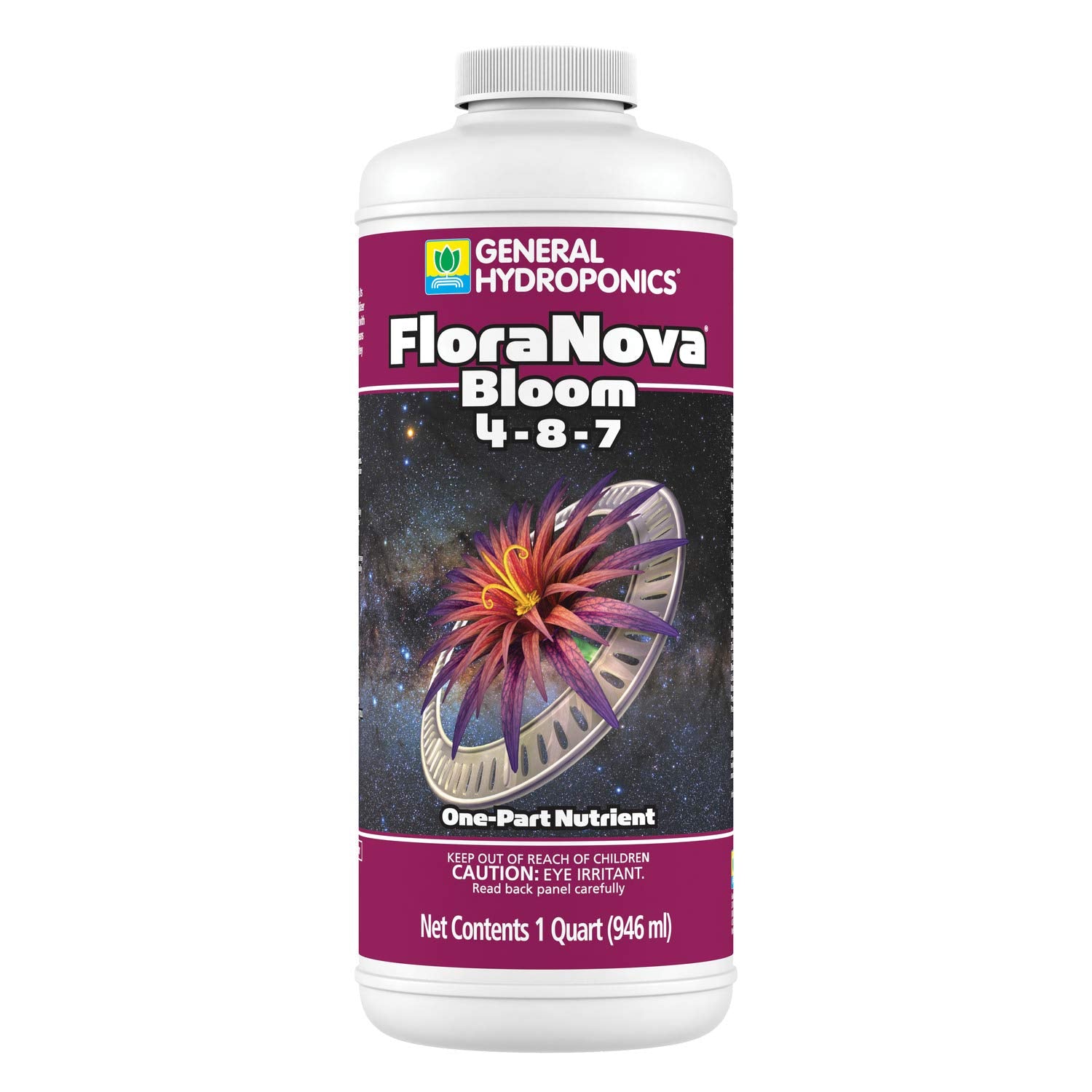 General Hydroponics FloraNova Bloom bottle shown, ready for reliable flowering nutrition.