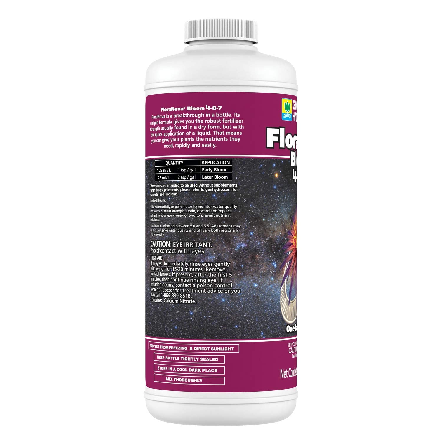 General Hydroponics FloraNova Bloom label closeup, highlighting a stable, one-part formula.