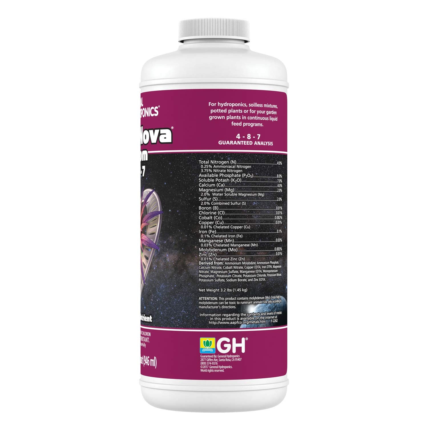 General Hydroponics FloraNova Bloom measuring cup for simple dosing and consistency.