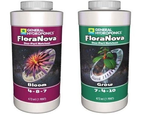 General Hydroponics FloraNova Grow & Bloom bottle pour — easy-to-use hydroponic nutrient.