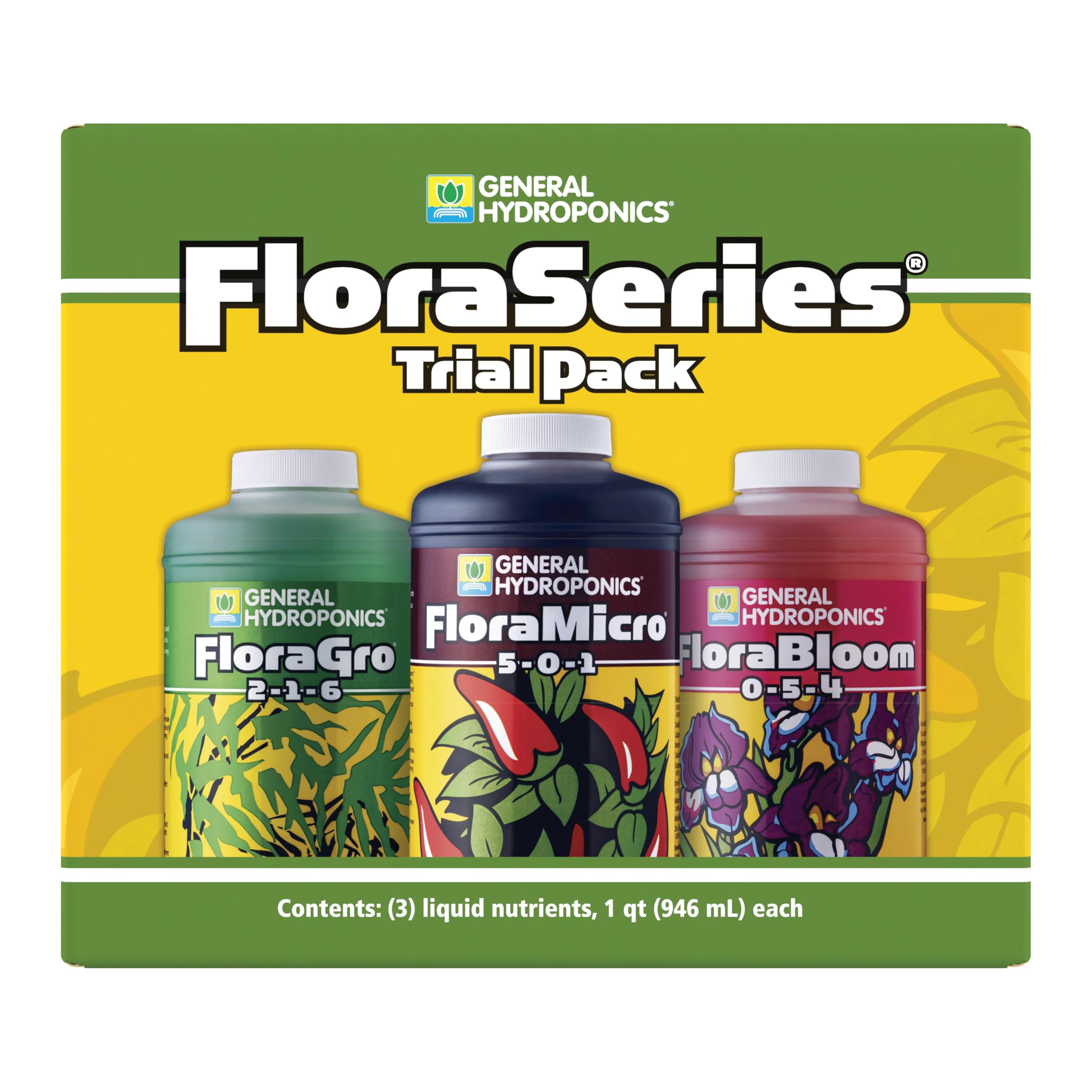 General Hydroponics FloraSeries Trial Pack bottles on display for easy nutrient selection