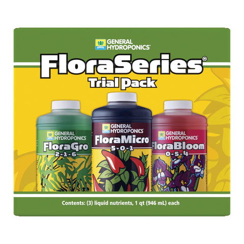 General Hydroponics FloraSeries Trial Pack bottles on display for easy nutrient selection