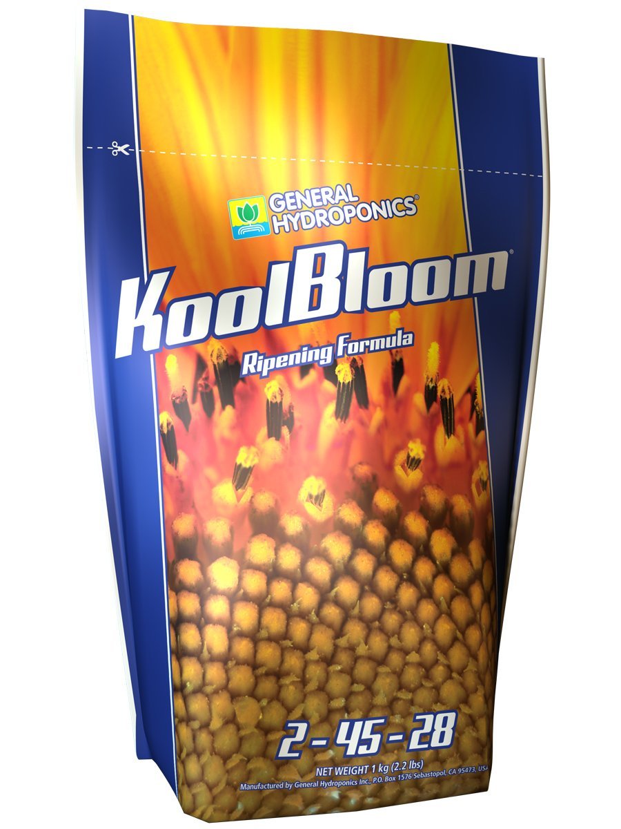 General Hydroponics KoolBloom bottle pour illustrating enhanced flowering and ripening potential.