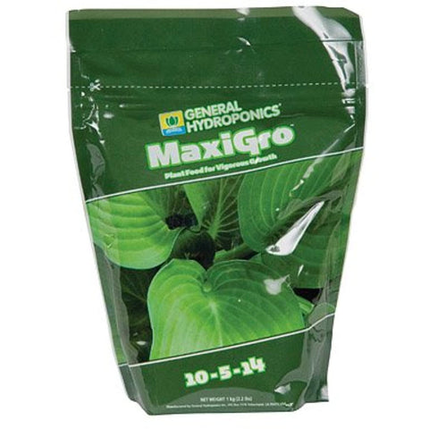 General Hydroponics MaxiGro bottle pouring, supports vigorous vegetative growth for hydroponic crops.