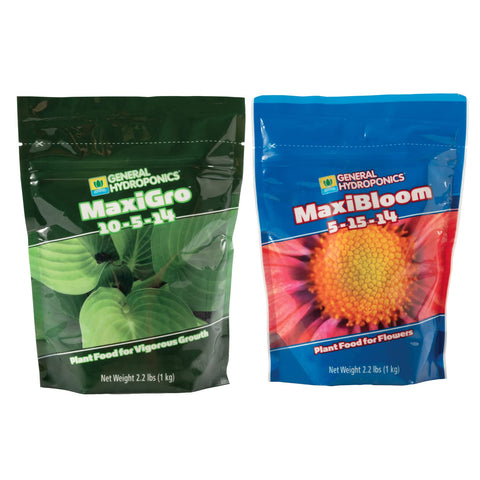 General Hydroponics MaxiGro MaxiBloom bottle supports healthy flowering and vegetable growth.