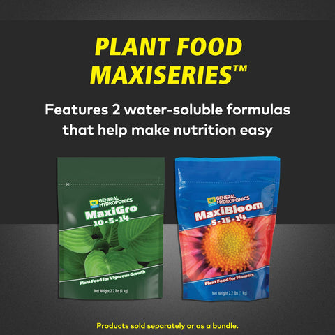 General Hydroponics MaxiGro measuring spoon beside bottle for precise dosing.