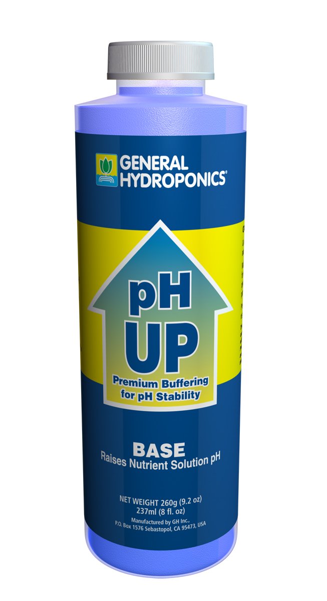 General Hydroponics pH Up 8 oz bottle label for pH adjustment in hydroponics