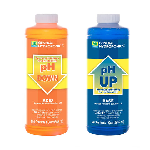 General Hydroponics pH Up and Down bottles stabilize nutrient pH for hydroponics