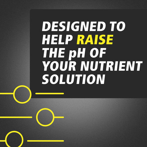 General Hydroponics pH Up label closeup showing premium buffering ingredients for stable pH.
