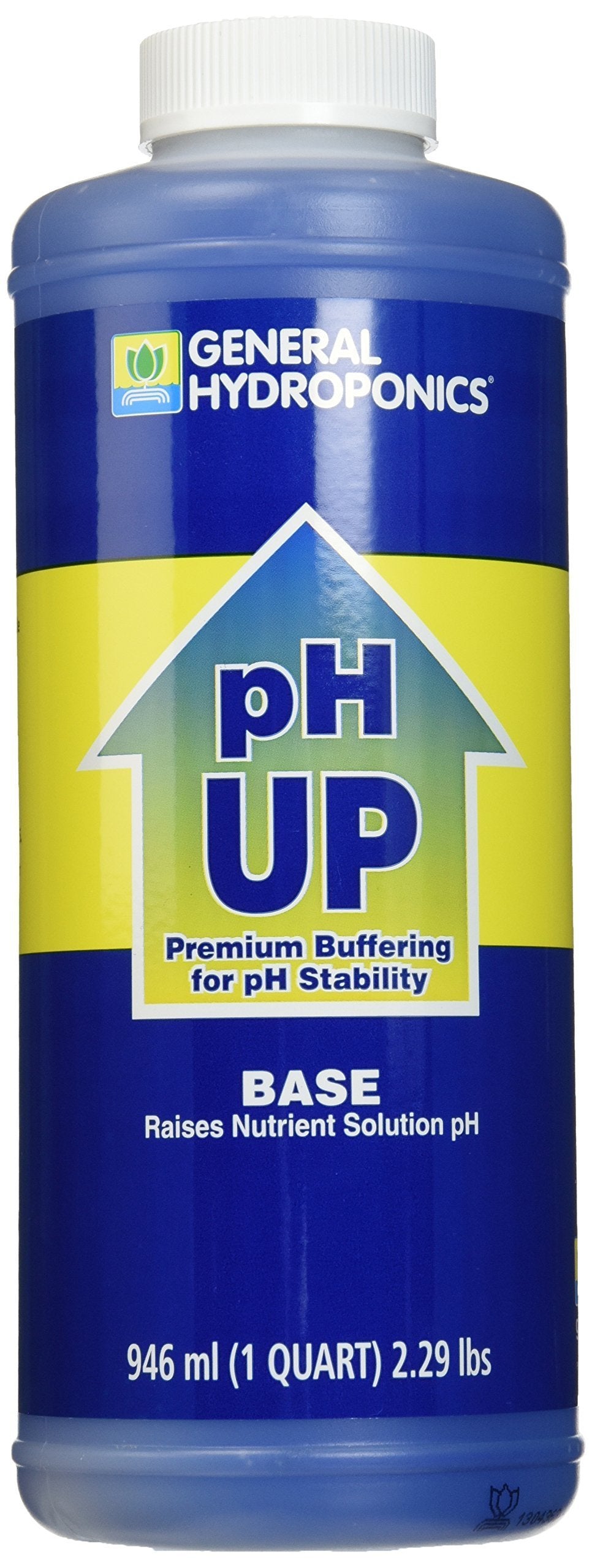 General Hydroponics pH Up Liquid Premium bottle pour for controlled pH adjustment.