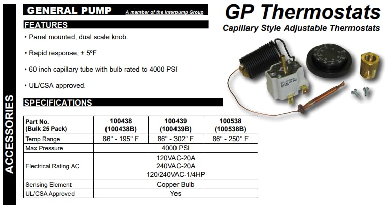 General Pump remote thermostat showing a 60-inch capillary tube and bulb rated to 4000 PSI for durable pressure washer use.