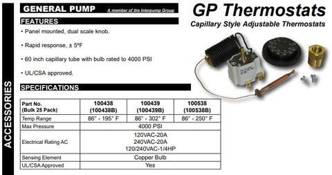 General Pump remote thermostat showing a 60-inch capillary tube and bulb rated to 4000 PSI for durable pressure washer use.