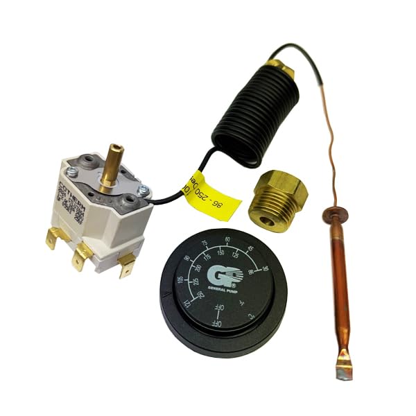 General Pump remote thermostat with a panel-mounted dual-scale knob for precise temperature control in hot water cleaning.