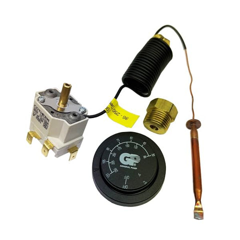 General Pump remote thermostat with a panel-mounted dual-scale knob for precise temperature control in hot water cleaning.