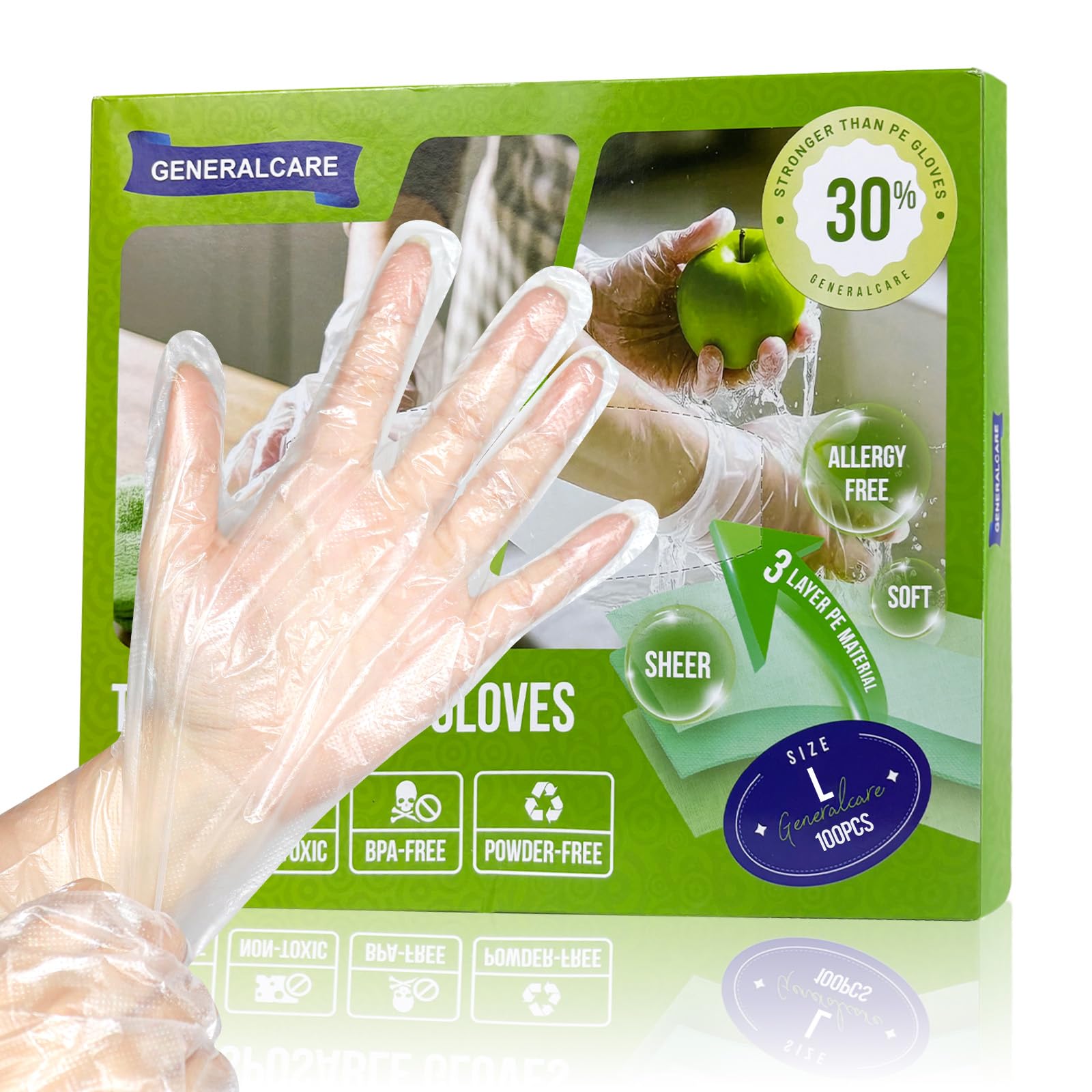 GeneralCARE disposable TPE gloves demonstrate premium material for durable protection during everyday tasks.