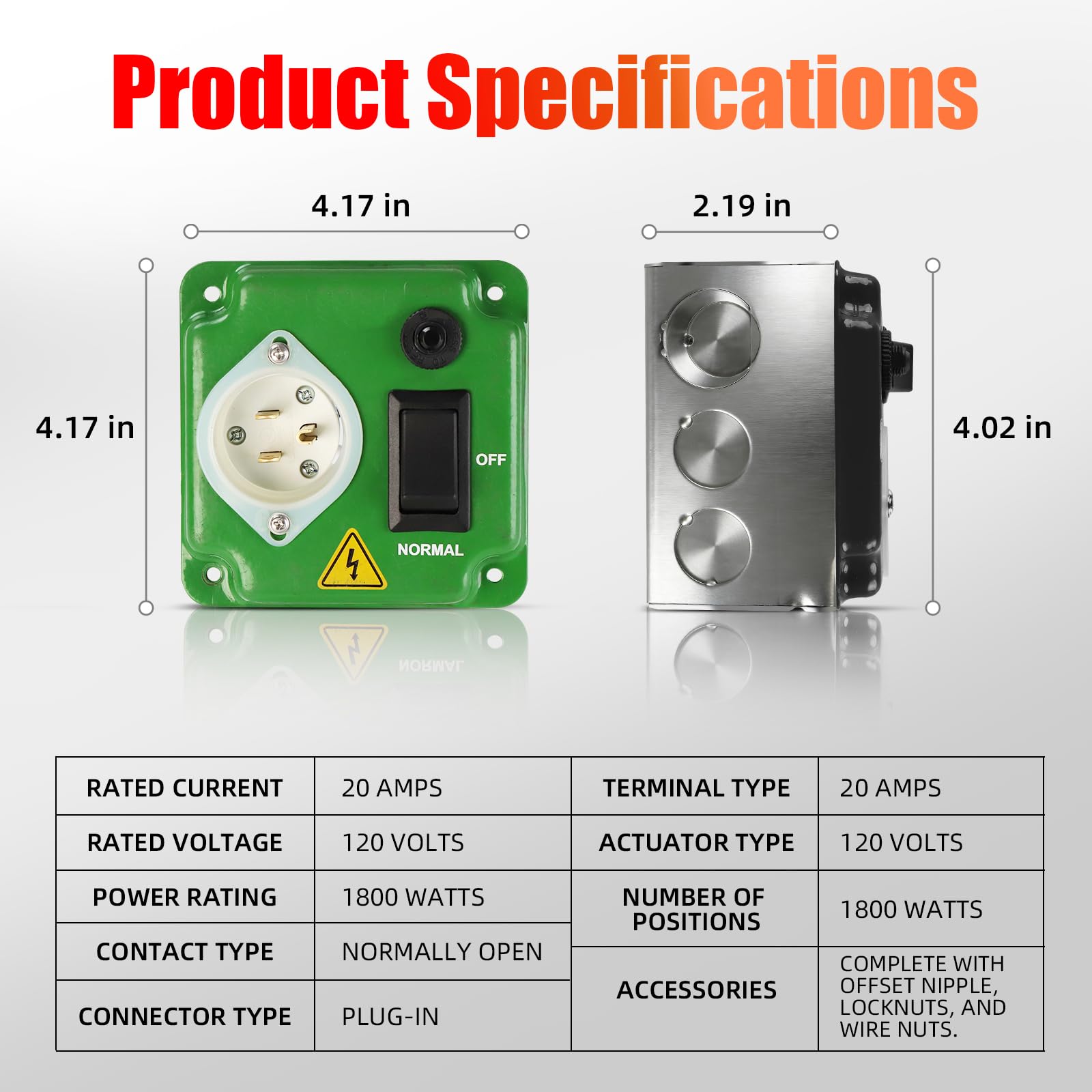 Generator transfer switch shown for indoor, outdoor, and RV use.
