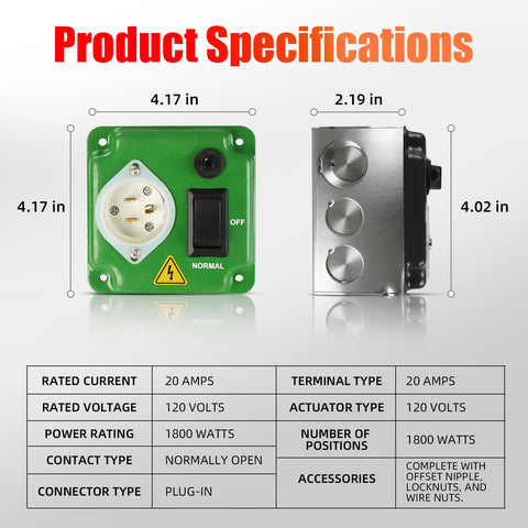 Generator transfer switch shown for indoor, outdoor, and RV use.