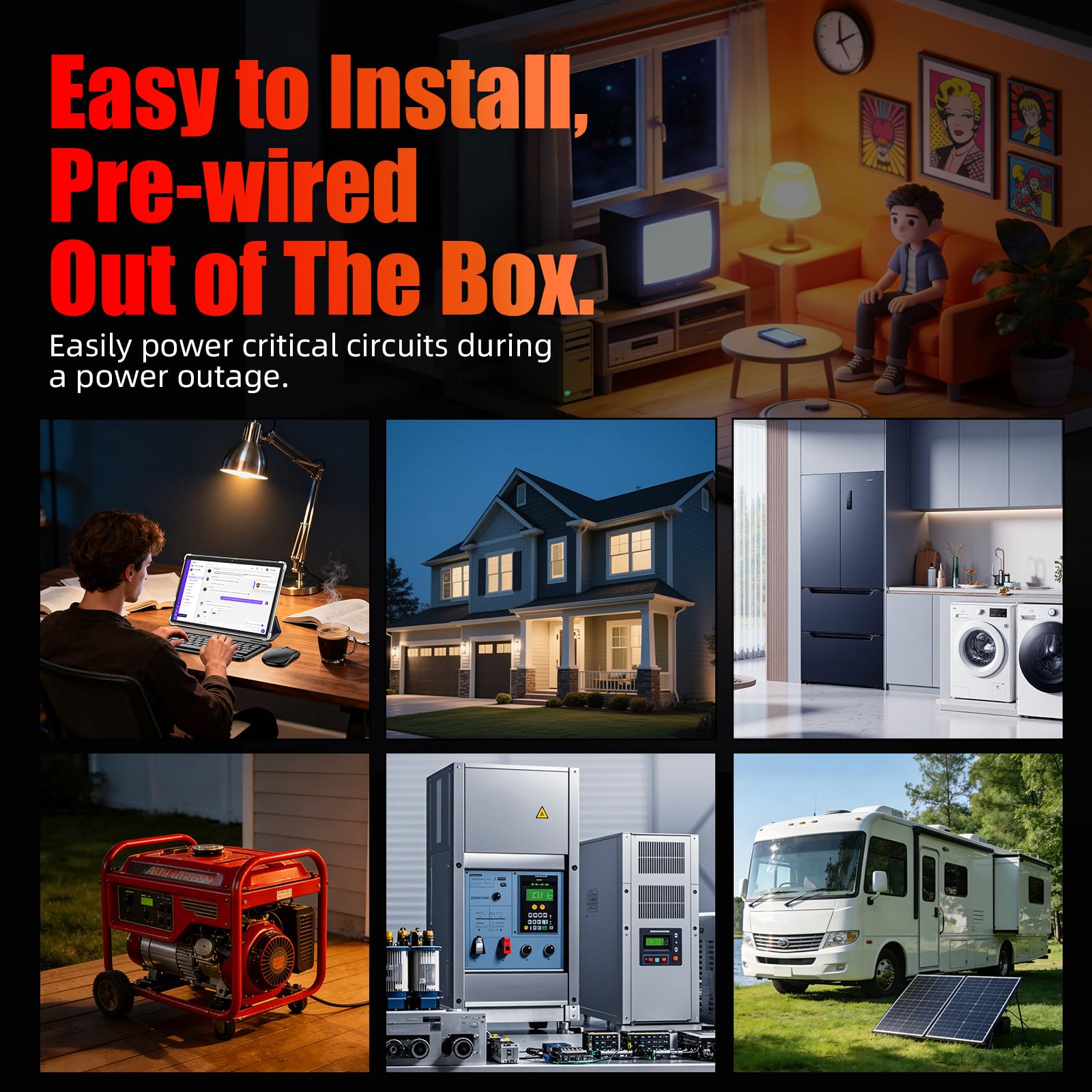 Generator transfer switch powers refrigerators, outlets, lighting during outages.