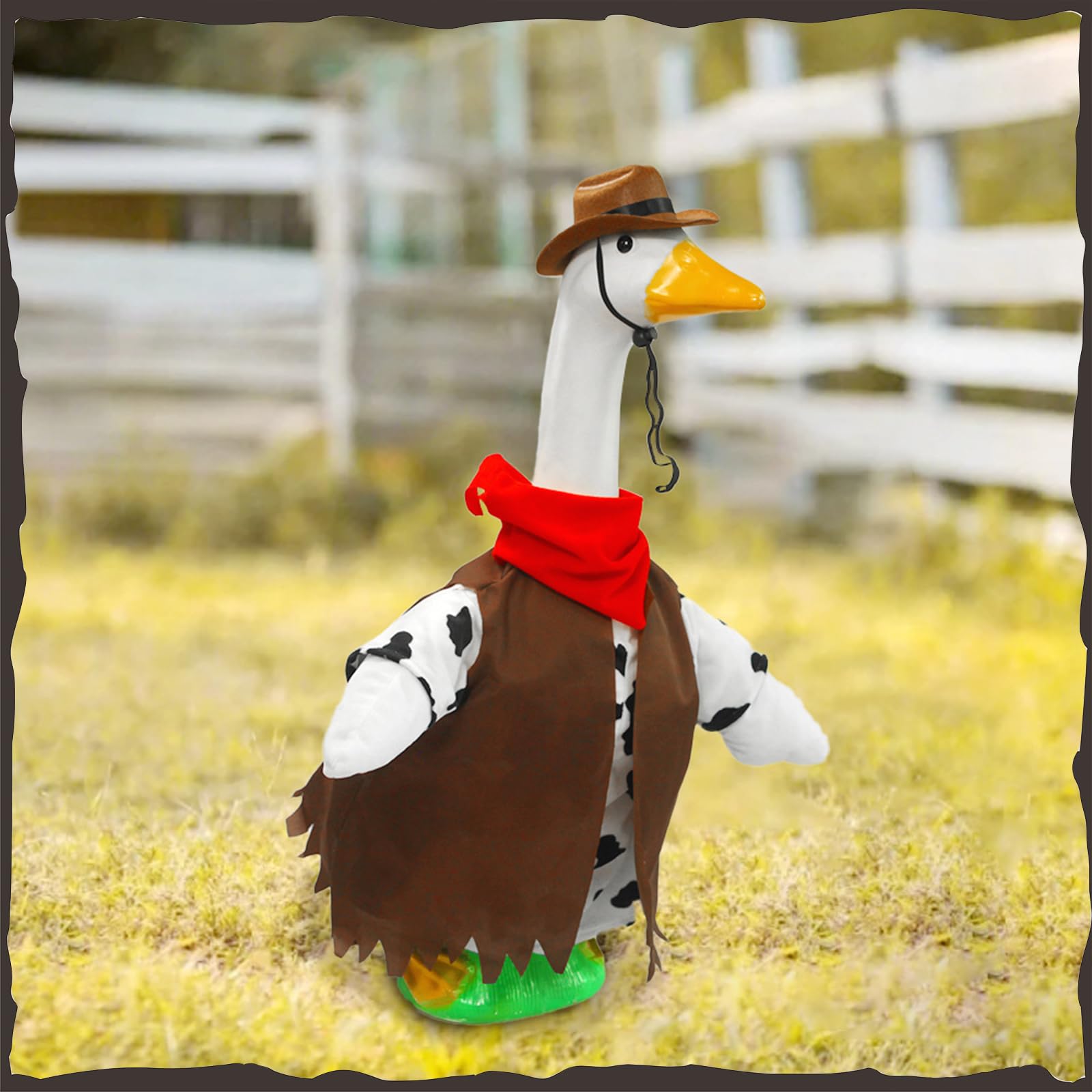 Generic 23-inch goose outfit fits snugly for tidy yard accents.